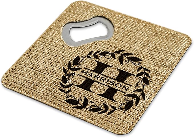 Smile Art Design Family Monogram Personalized Coaster Bottle Opener Burlap Material Family Name Personalized Print Personalized Gifts House Warming Wedding Gift Rustic Kitchen Decor Style3