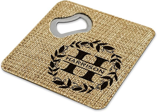 Smile Art Design Family Monogram Personalized Coaster Bottle Opener Burlap Material Family Name Personalized Print Personalized Gifts House Warming Wedding Gift Rustic Kitchen Decor Style3