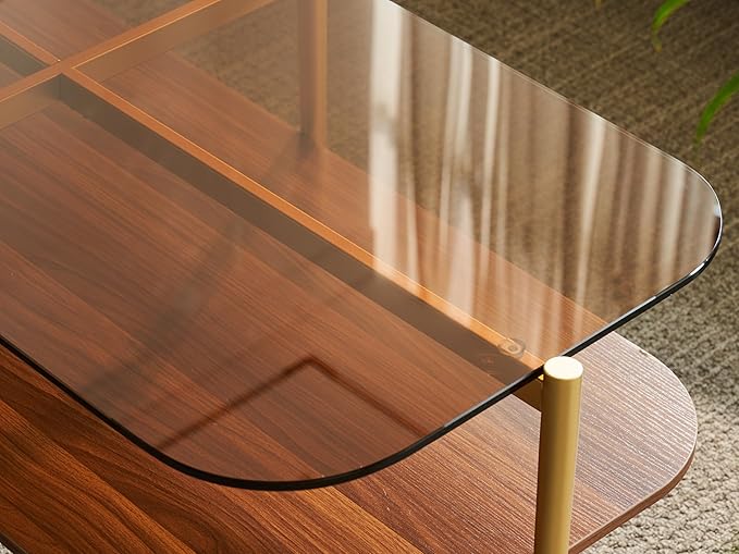 Shrine Oval Glass Coffee Table, Mid-Century Modern Design, Two-Tier Walnut MDF Rounded Corner Table, 41" D x 21" W x 17" H, Sleek Conical Metal Legs with Gold Finish
