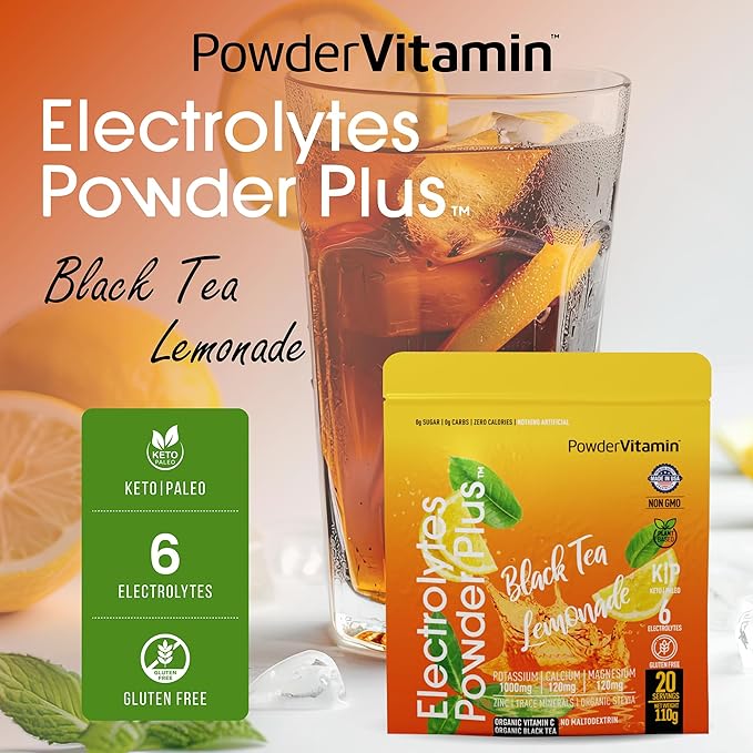 PowderVitamin Electrolytes Powder Plus (20 Servings) Black Tea Lemonade Electrolyte Powder Keto, Sugar Free, Pink Himalayan Salt,1000mg Potassium,120mg Calcium,120mg Magnesium, Hydration Powder
