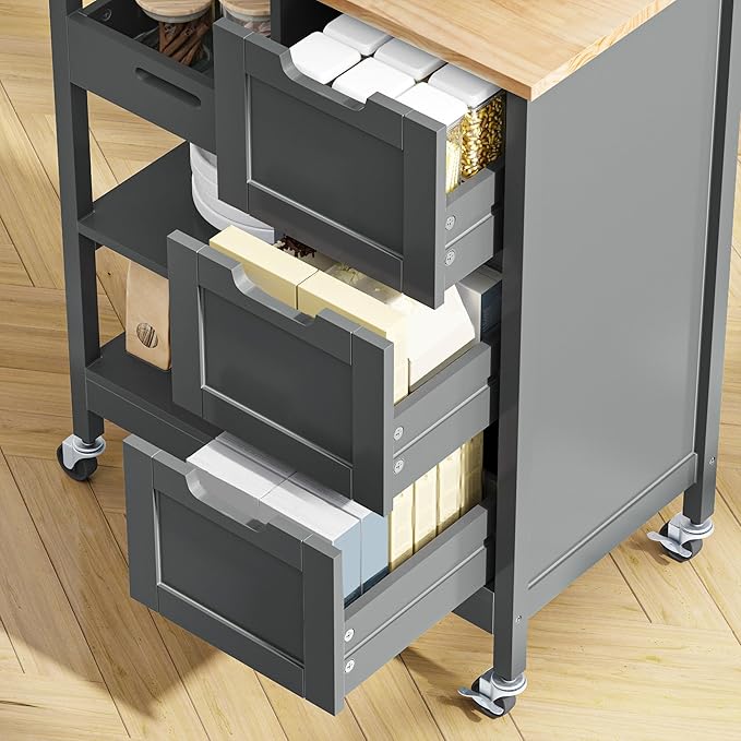 YITAHOME Small Solid Wood Top Kitchen Island Cart on Wheels with Storage, Rolling Portable Dining Room Serving Utility Carts Mobile Movable with 3 Drawers Cabinet, Gray