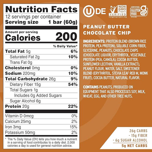 No Cow Vegan Protein Bars, Upgraded Peanut Butter Chocolate Chip | 20g Plant Based Protein, Gluten Free, Dairy Free, Soy Free, Keto Friendly, Low Sugar, High Fiber Snack Bars | Pack of 12