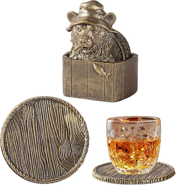 Cabin Coasters Set 6 Full Size Non-Slip Bar Coasters, Indoor Christmas Decorations, Man Cave Gifts for Men, Rustic Handmade Decor for The Home (Bear)