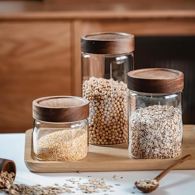 17 oz/500 ml Clear Glass Storage Canister with Airtight Wooden Screw Lid, Small Cute Decorative Glass Container Jar for Coffee,Spice,Candy,Salt,Cookie,Condiment,Pepper,Sugar,Overnight Oatmeal