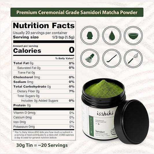 Isshiki Matcha Powder – Premium Ceremonial Grade Samidori Green Tea from Uji, Japan – Exceptional Authentic Japanese Matcha - Quality 30g Tin - 20 Servings