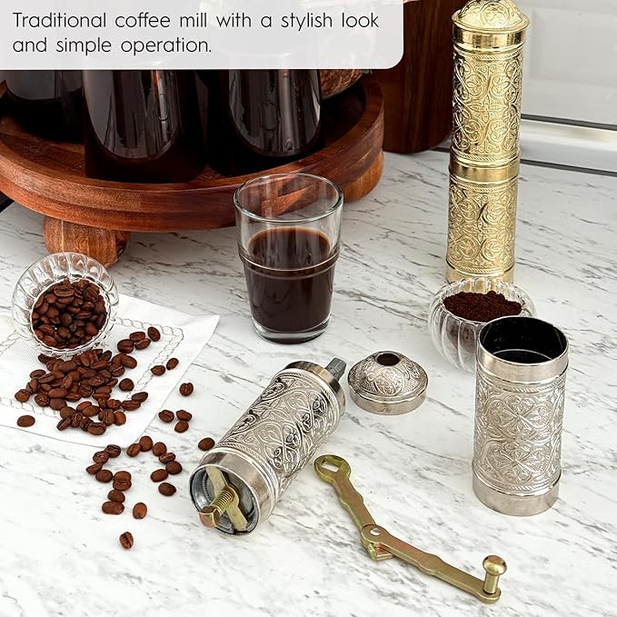 Handmade Turkish Pepper & Coffee Grinder, Refillable Turkish Spice Mill with Adjustable Coarseness, Manual Coffee Mill with Handle, Coffee Grinder Metal with Hand Crank 22 cm-8.66 inch (Silver)