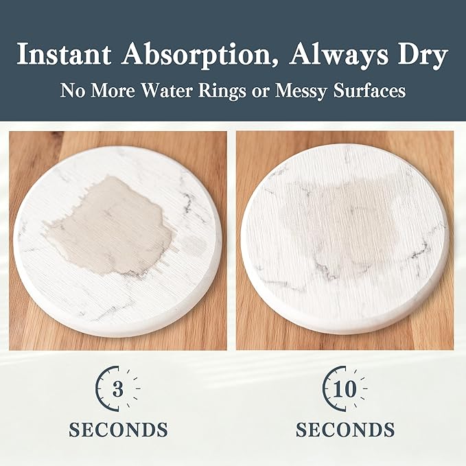 Stone Coasters for Drinks, Set of 4 (Dia. 4 in), Quick Absorbent Diatomaceous Earth Coaster with Aesthetic Marble Pattern, Desk & Coffee Table Decor, House Warming Gifts New Home - White