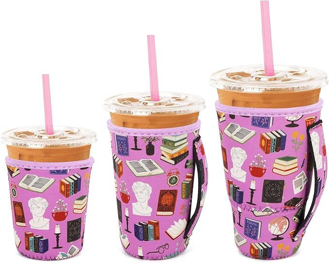 3 Pack Iced Coffee sleeve Insulated Neoprene Cup Sleeves with handle For Cold Drinks Beverages, Reusable Cup Holder for 16oz-32oz Coffee Cups (Book Club)