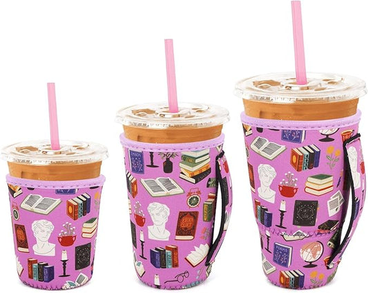 3 Pack Iced Coffee sleeve Insulated Neoprene Cup Sleeves with handle For Cold Drinks Beverages, Reusable Cup Holder for 16oz-32oz Coffee Cups (Book Club)