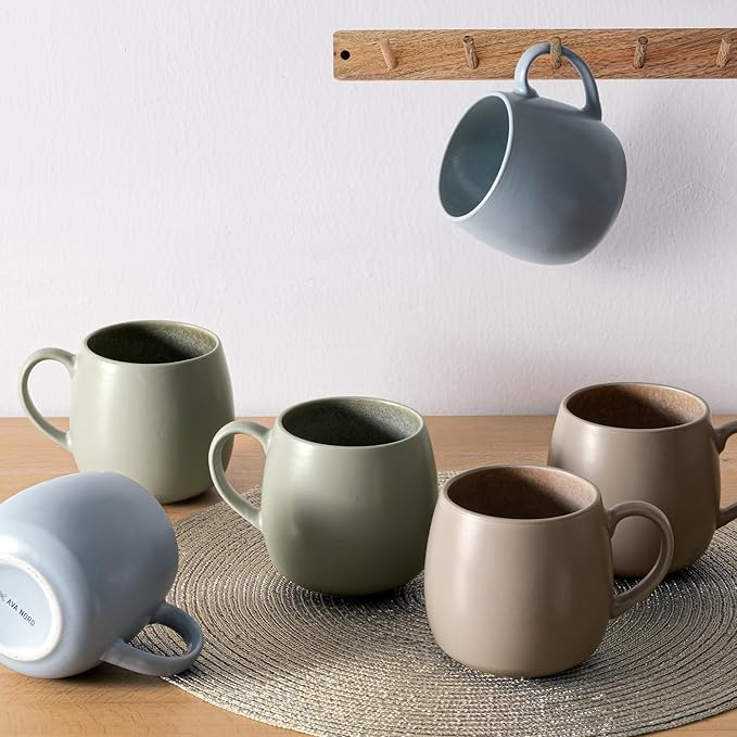 Ceramic Coffee Mugs Set of 6, 14oz - Modern Scandinavian Aesthetic Cup- Microwavable Stoneware Coffee Cups with Comfortable Handle - Tea Mug Set for Latte, Cappuccino, Soup - Soft Sage Green