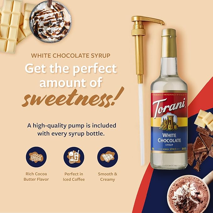 Torani Coffee Syrup, White Chocolate Flavored Syrup for Drinks, Glass Bottle with Pump Included, 25.4 Fl Oz
