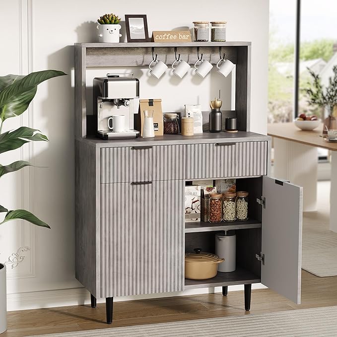 GarveeHome Fluted Sideboard Buffet Cabinet with Storage, Modern Coffee Bar Cabinet with Adjustable Shelves & 2 Drawers, Wood Buffet Console Table for Dining Room Living Room Kitchen Entryway, Grey