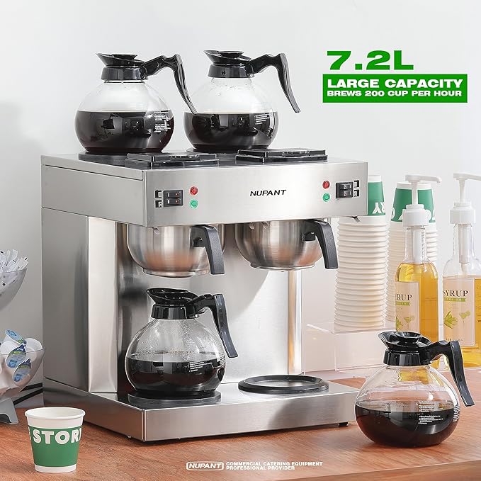 NUPANT Dual Drip Commercial Coffee Maker, 200 Cup/hour, 7.2L Pour Over Coffee Machine with 4 Glass Carafe and 4 Warmers, Stainless Steel Double Coffee Brewer Staition for Restaurant and COFFEE Bar