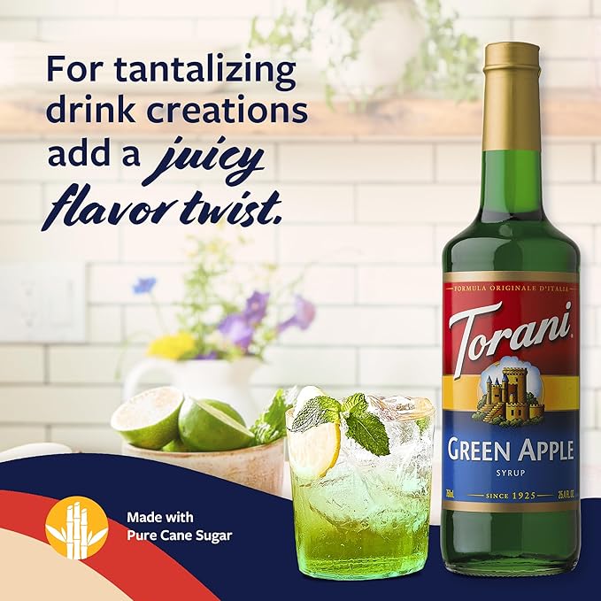 Torani Green Apple Syrup for Drinks, Flavoring for Sodas and Cocktails, Glass Bottle with Pump Included, 25.4 Fl Oz