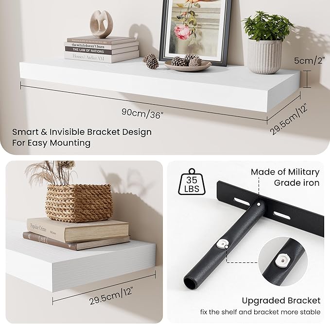 Fun Memories 12" Deep Floating Shelves for Wall, 36" W x 12" D Floating Shelves, Long Wood Floating Wall Shelf for Living Room Bathroom Bedroom Kitchen, White, Set of 2