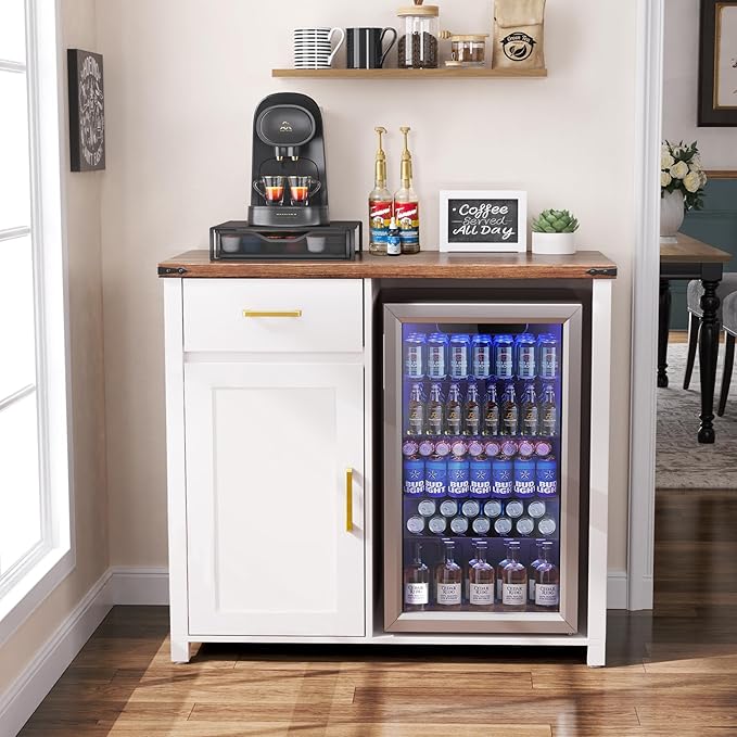 GDLF Coffee Bar with Mini Fridge Space, Mini Fridge Cabinet Stand，Liquor Wine Cabinet for Dorm, Kitchen or Office, 39.4" W X 20.9" D Tabletop，White
