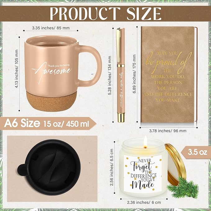 4 Pcs Thank You Gift Set for Men Women Employee Coworker Gifts Inspirational Appreciation Notebook Coffee Mug Scented Candle Pen for Valentine's Day Team Office Staff Nurse Volunteer Teacher