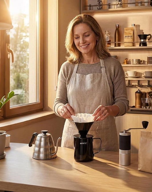 AGOGO Portable Pour Over Coffee Maker V60 Set - Easy Cleaning Compact 304 Stainless Steel Dripper for Camping & 50 Filters Paper & Cleaning Rag Black 30oz