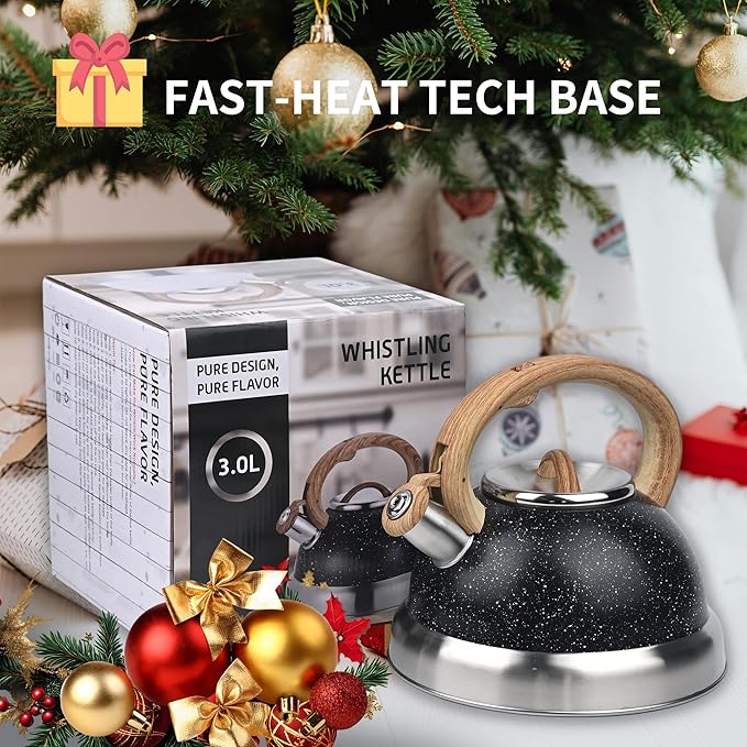 3 Quart Stainless Steel Whistling Tea Kettle – Natural Stone Finish Teapot with Cool-Touch Wood Handle, Loud Whistle & Rust-Resistant Base(black)