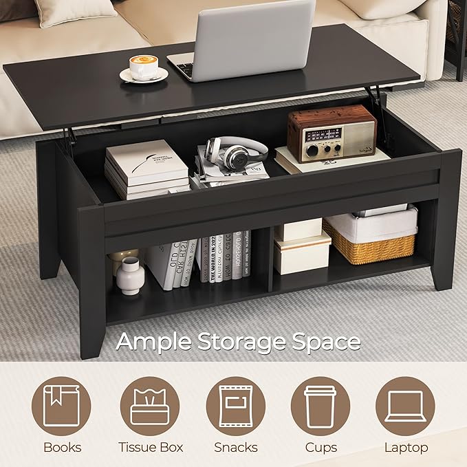 Yaheetech Black Wood Coffee Table Lift Top Coffee Table w/Hidden Storage & 2 Open Shelves for Living Room Reception Room Office, 39.5in L