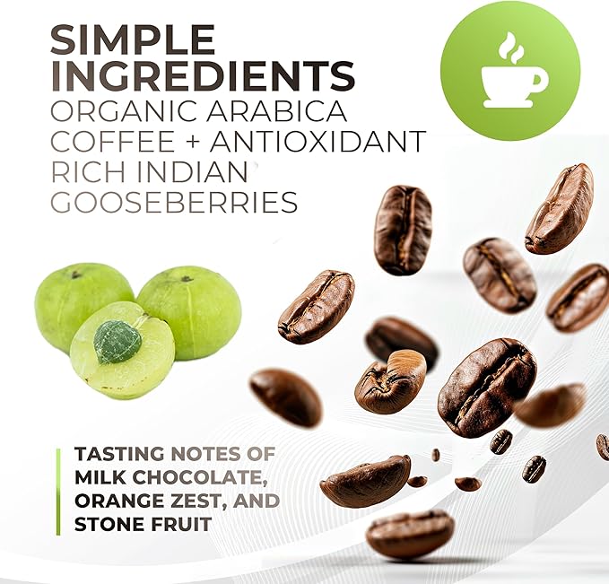 Amla Green Organic Ground Superfood Coffee, Medium Roast Gourmet Coffee with Antioxidant Rich Indian Gooseberry, 100% Arabica Special with Amla Benefits, 16 Oz