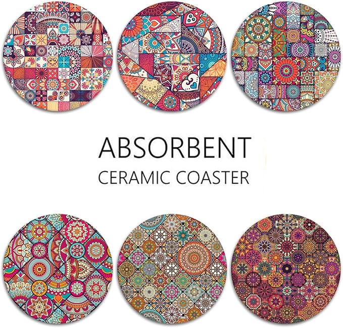 Britimes Coaster for Drinks Set of 6, Vintage Ottoman Flower Mexican Mandala Table Absorbent Round Ceramic Stone Mat, with Cork Base and Metal Holder, Gift for Housewarming Room Bar Decor