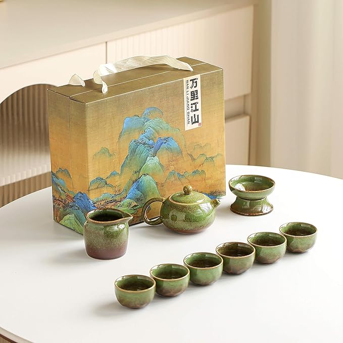 Chinese Tea Set, 10-Piece Ceramic Set with Teapot and Cups, Gongfu Tea Set,Tea Gift Sets,Outdoor and Office (Kiln-Changed Green)