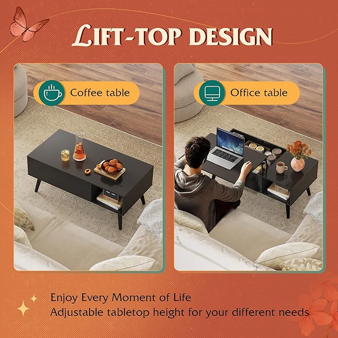 WLIVE Coffee Table for Living Room, Lift Top Coffee Table with Storage, Small Rising Wooden Dining Center Table with Storage Shelf & Hidden Compartment, 39" Black