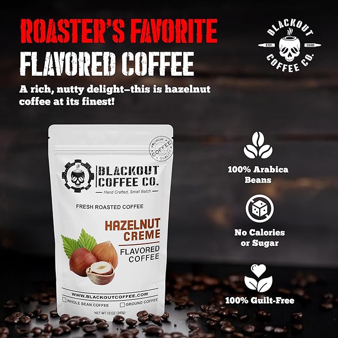Blackout Coffee Hazelnut Creme Flavored Ground Coffee – Medium Roast, Smooth Taste, Guilt-Free Indulgence – Freshly Roasted 12oz Bag.