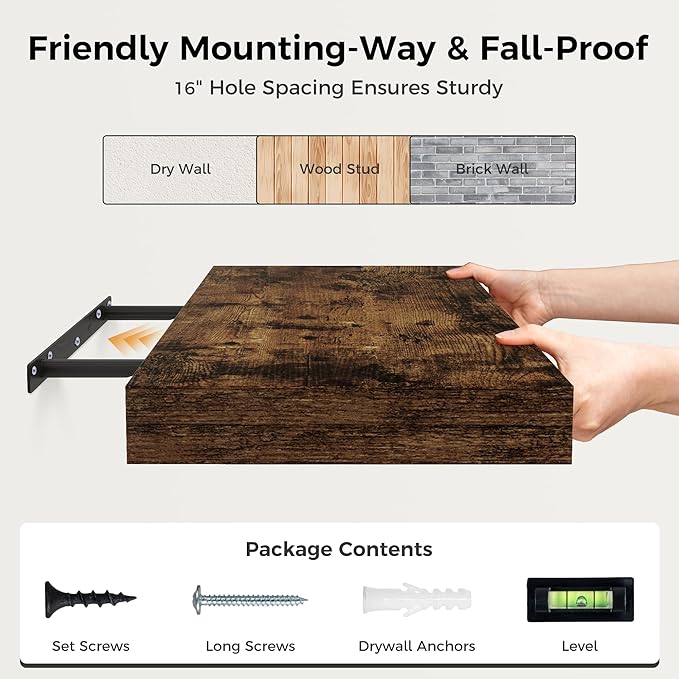 Fun Memories 12 Inch Floating Shelf, Rustic Wood Wall Shelves for Wall Decor & Storage, 12 x 12 Floating Shelf for Living Room, Bathroom, Bedroom, Rustic Brown, Set of 2