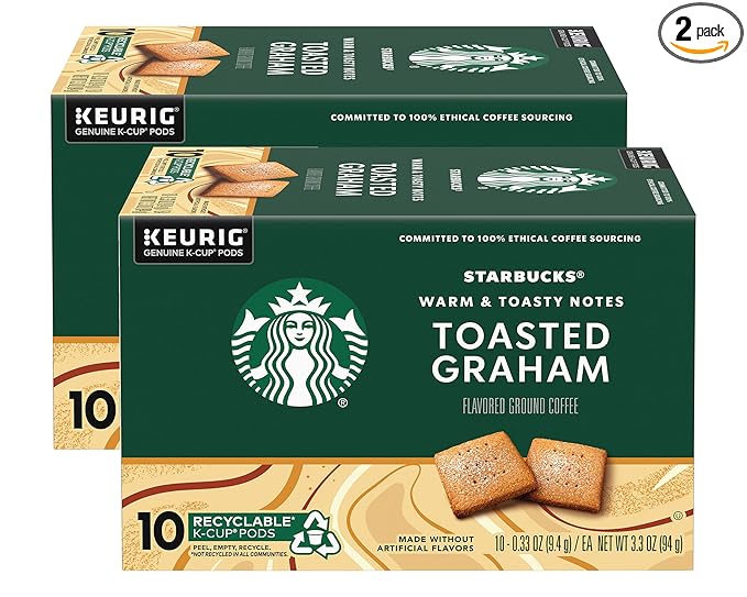Starbucks Coffee Company Flavored Ground Coffee K-Cup Pods, Toasted Graham, Signature Collection, 100% Arabica Coffee, Recyclable K-Cup, 10 CT K-Cup Pods/Box (Pack of 2 Boxes),10 Count (Pack of 2)