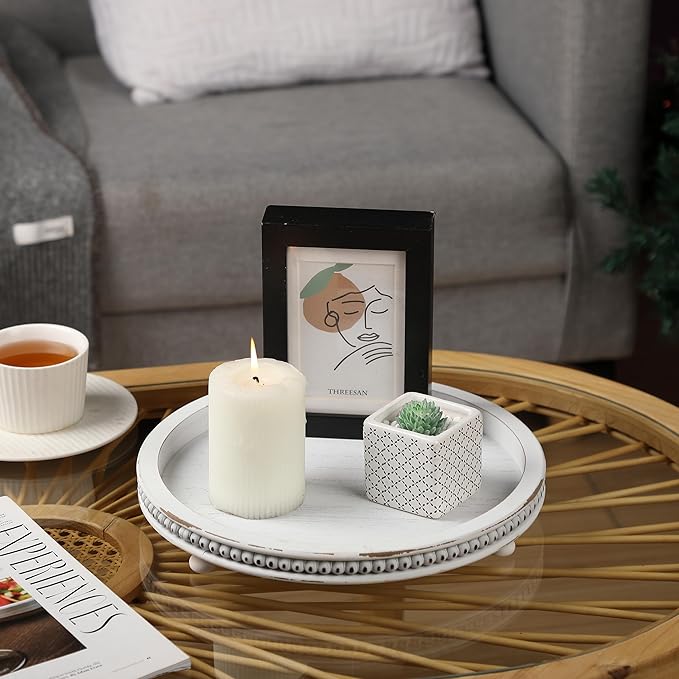 Bamboo Land- Round Decorative Trays for Coffee Table, 12", White, Wood Tripod & Beaded Design, Wooden Round Tray for Coffee Table
