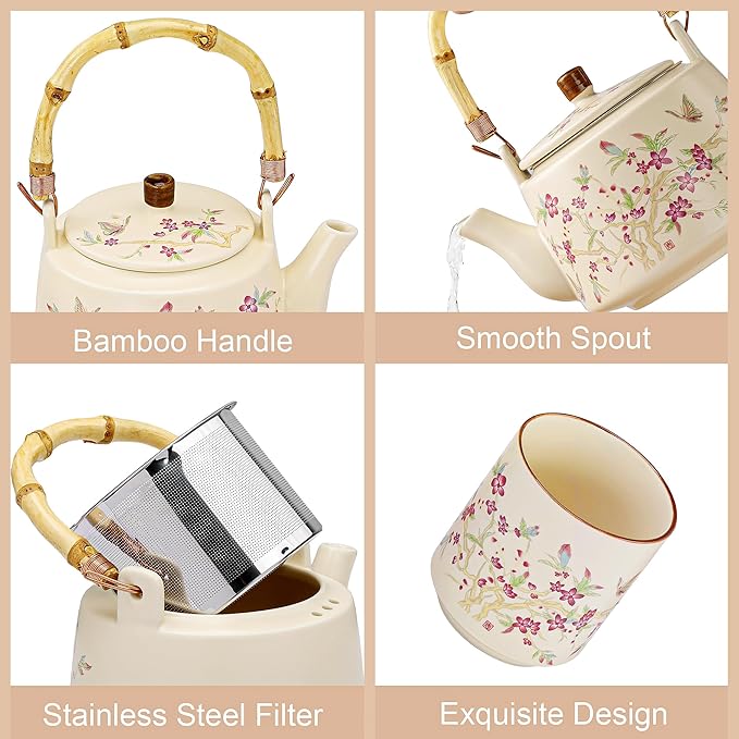 fanquare Japanese Ceramic Tea Set, 17oz Bamboo Handle Teapot with Stainless Steel Infuser and 4 Cups, Floral Pattern Tea Service for Loose Leaf Tea, Gift for Tea Lovers