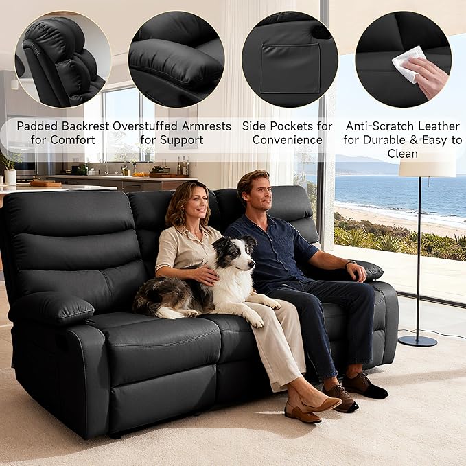Reclining Couch Sofa Set Leather Recliner Couch Sofa and Loveseat Sets for Living Room, RV, Theater Seating(3 Seat Sofa+Loveseat,Black)