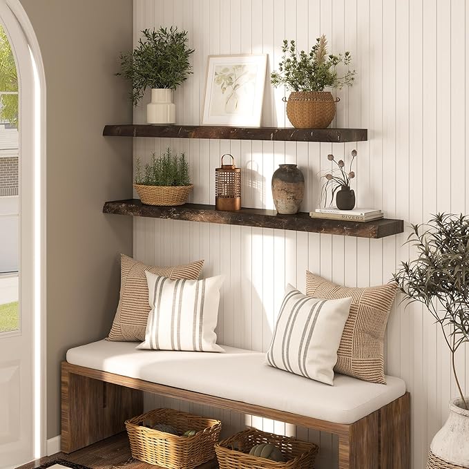 48" Rustic Elm Floating Shelves - Solid Wood Live Edge with Invisible Brackets, Wall Mounted Shelf for Living Room, Kitchen & Bathroom Decor, Brown