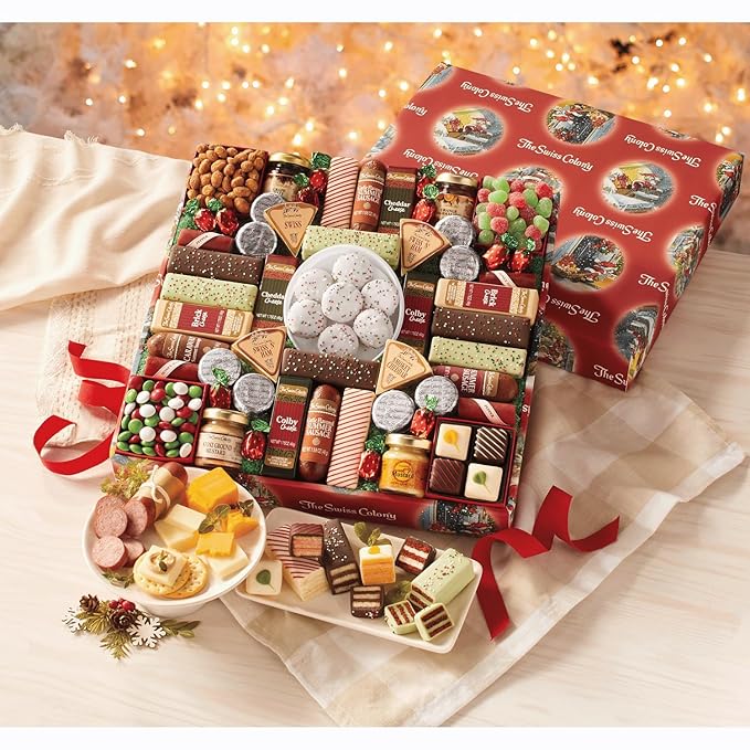 The Swiss Colony 43 Season Pleasers - Assorted Summer Sausage Meats, Mini Meat Sticks, Cheese Bricks and Wedges, Spreadables, Candies, & Chocolate Treats, Meat and Cheese Gift Set, Charcuterie Board