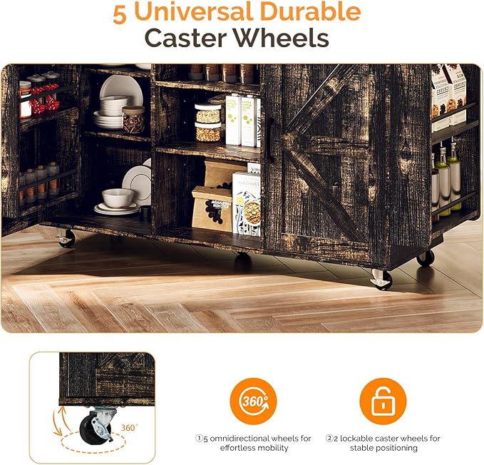VINGLI Kitchen Island with Storage, 52" Rolling Kitchen Cart with 3 Drawers & Shelves, Drop Leaf Design, Mobile Island with Barn Doors, Towel & Spice Rack for Kitchen & Dining, Black & Gold