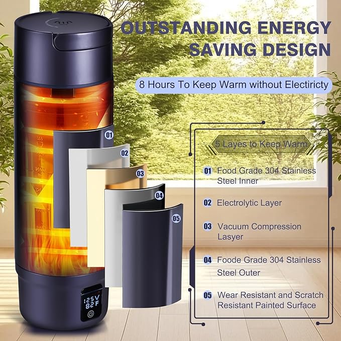 Vacuum-Insulated Portable Electric Kettle,Miicasa Stainless Steel Tumbler Small Electric Kettel,Travel Water Boiler with 6 Temperature and Auto Shut-Off Boil Dry,16oz