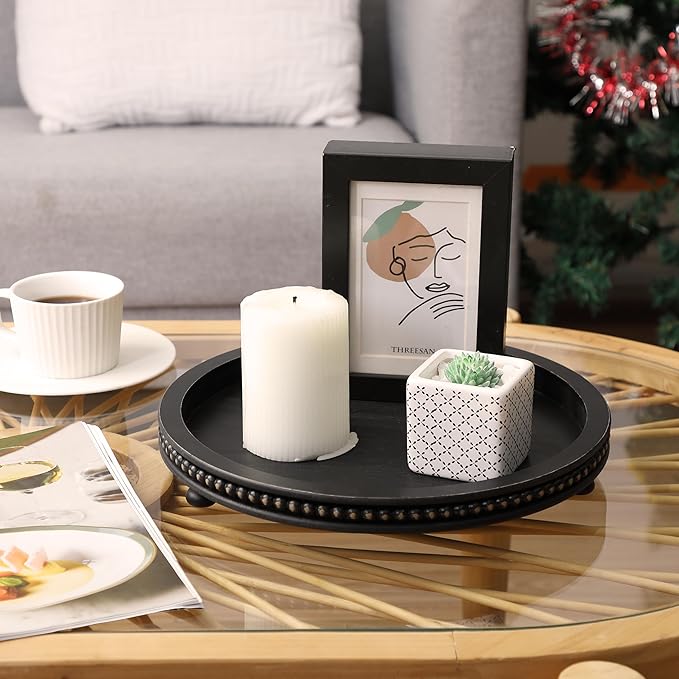 Bamboo Land- Round Decorative Trays for Coffee Table, 12", Black, Wood Tripod & Beaded Design, Wooden Round Tray for Coffee Table