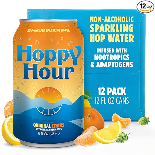 Hoppy Hour Sparkling Hop Water, Non-Alcoholic and Adaptogens Drink, Zero Sugar and Calories, Refreshing Original Citrus Flavor, 12 oz Cans (12-Pack)