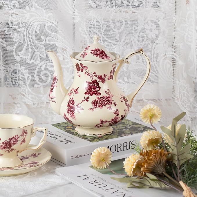 KAMMAK Teapot with Handle, Vintage Porcelain Tea Pot with Gold Trim, Blooming & Loose Leaf Teapot, Festive Holiday Serveware, Gifts for Women, Red Flowers - 30 oz
