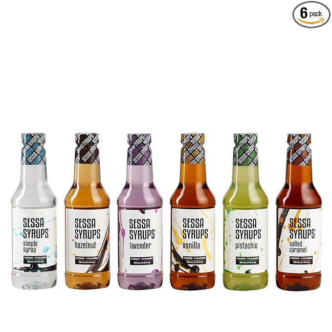 Sessa Syrups Sugar Free Sampler Pack: Simple Syrup, Hazelnut, Lavender, Vanilla, Pistachio, Salted Caramel (11.8 Fl Oz, 6 Pack)