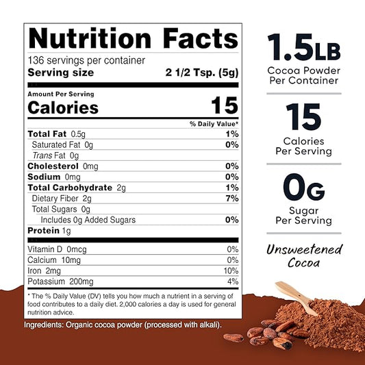 Nutricost Pantry Organic Cocoa Powder (1.5 Pounds Per Bottle) Non GMO, Gluten Free, Vegan, Baking Powder
