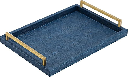 Navy Blue Decorative Serving Tray, Shagreen Leather Coffee Table Tray, Rectangle for Home Decor