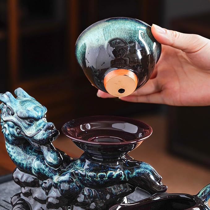 Ceramic Teapot with Infuser Semi Automatic Tea Set Magic Teapot with 8 cups Gradient Color (Gradient Dragon- B)
