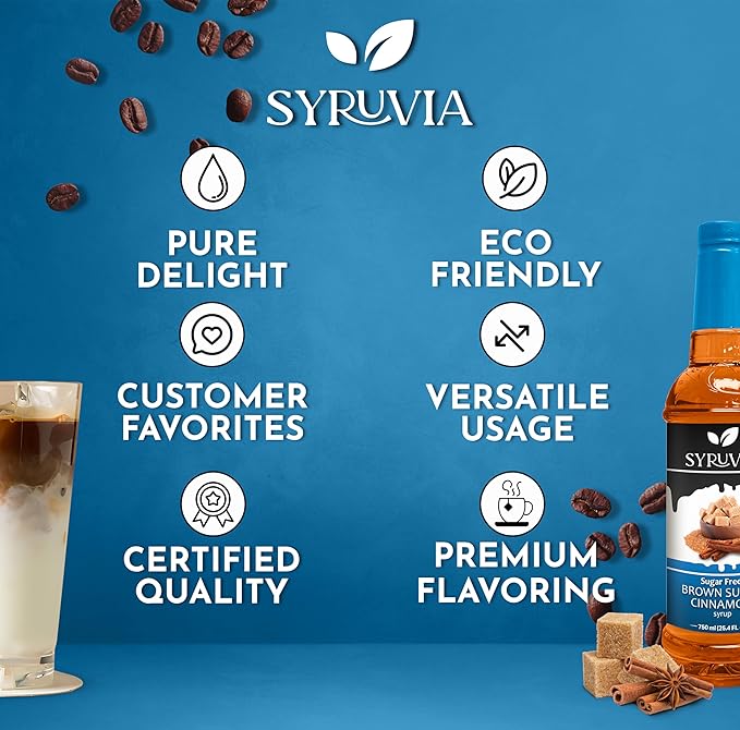 Syruvia Sugar Free Coffee Syrup, Brown Sugar Cinnamon Flavored Syrup for Drinks, Lattes, and Desserts – 25.4 fl oz, With Pump