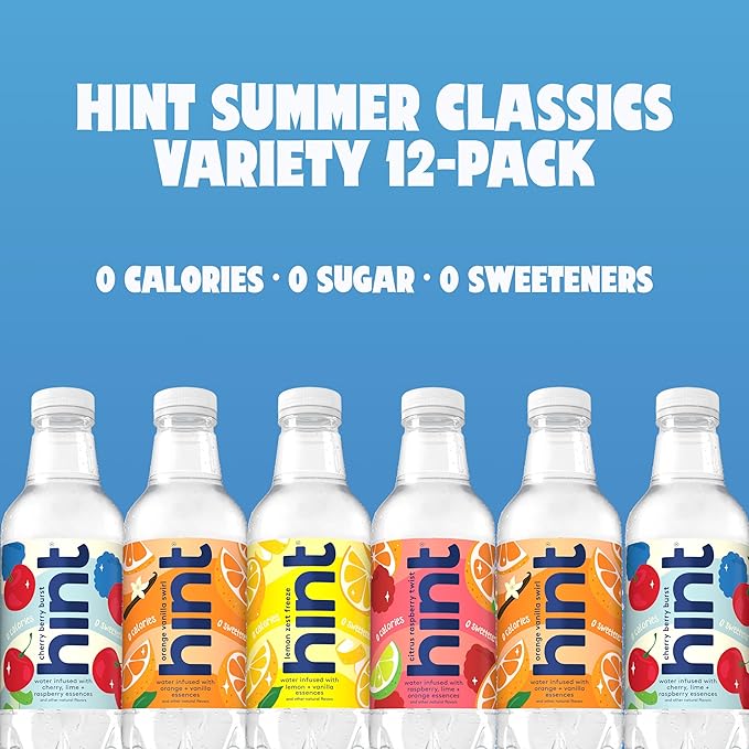 Hint Fruit-Infused Bottled Water, Summer Classics Variety Pack - Sugar Free Flavored Water with Zero Calories, Natural Fruit Essences, and No Artificial Sweeteners - 16 Fl Oz (Pack of 24)