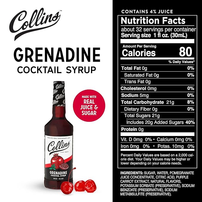 Collins Grenadine Syrup, Real Pomegranate Juice and Sugar, Craft Cocktail Syrup, Drink Mixers, 32 oz