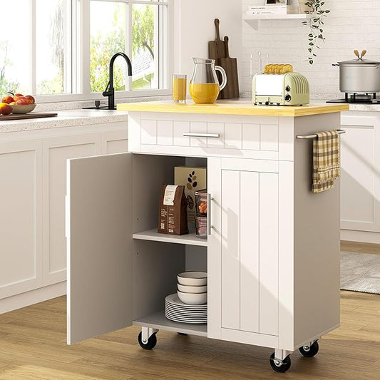 SUNLEI Rolling Kitchen Island Cart with Storage & Drawer – 26" Portable Kitchen Cart with Lockable Wheels, Towel Rack & Open Shelves for Kitchen, Dining Room, Living Room(White)