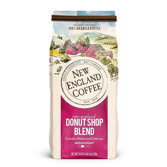New England Coffee Donut Shop Blend Medium Roast Ground Coffee, 18oz Bag (Pack of 1)